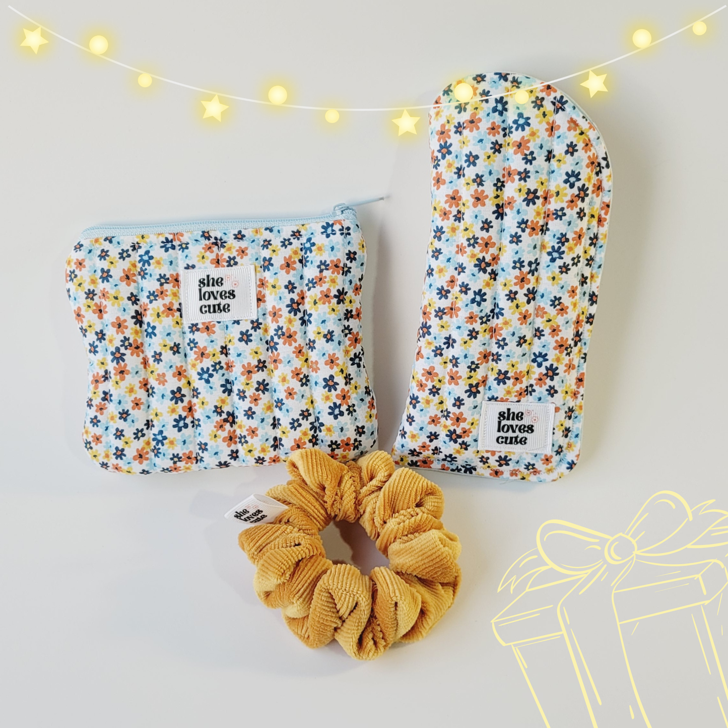 KIT PRESENTE COZY CHARM DAISY [Mini Pouch + Porta-Óculos + Scrunchie]