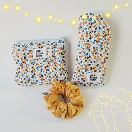 KIT PRESENTE COZY CHARM DAISY [Mini Pouch + Porta-Óculos + Scrunchie]